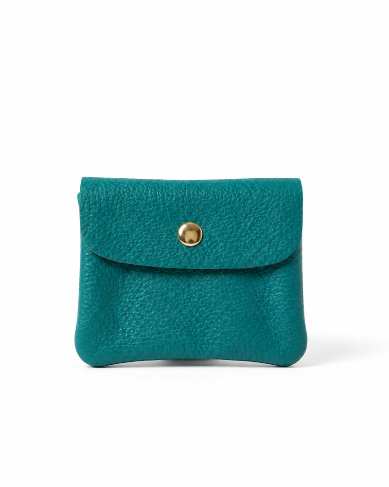 Turquoise pebble leather wallet collection featuring Mini Coin Wallet, Coin Wallet, and Cellphone Wallet in genuine leather, made in Italy.