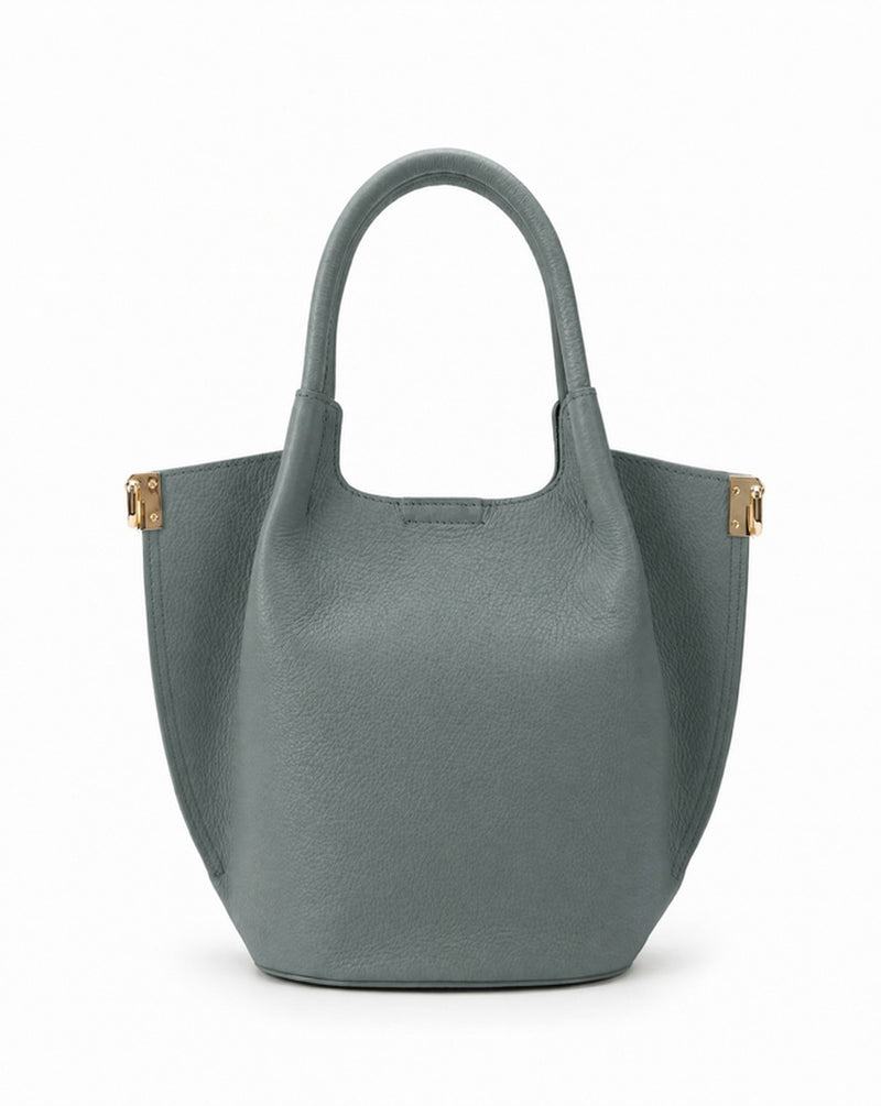 Luminara bucket tote in Slate Grey full-grain pebbled Italian leather by Tourance