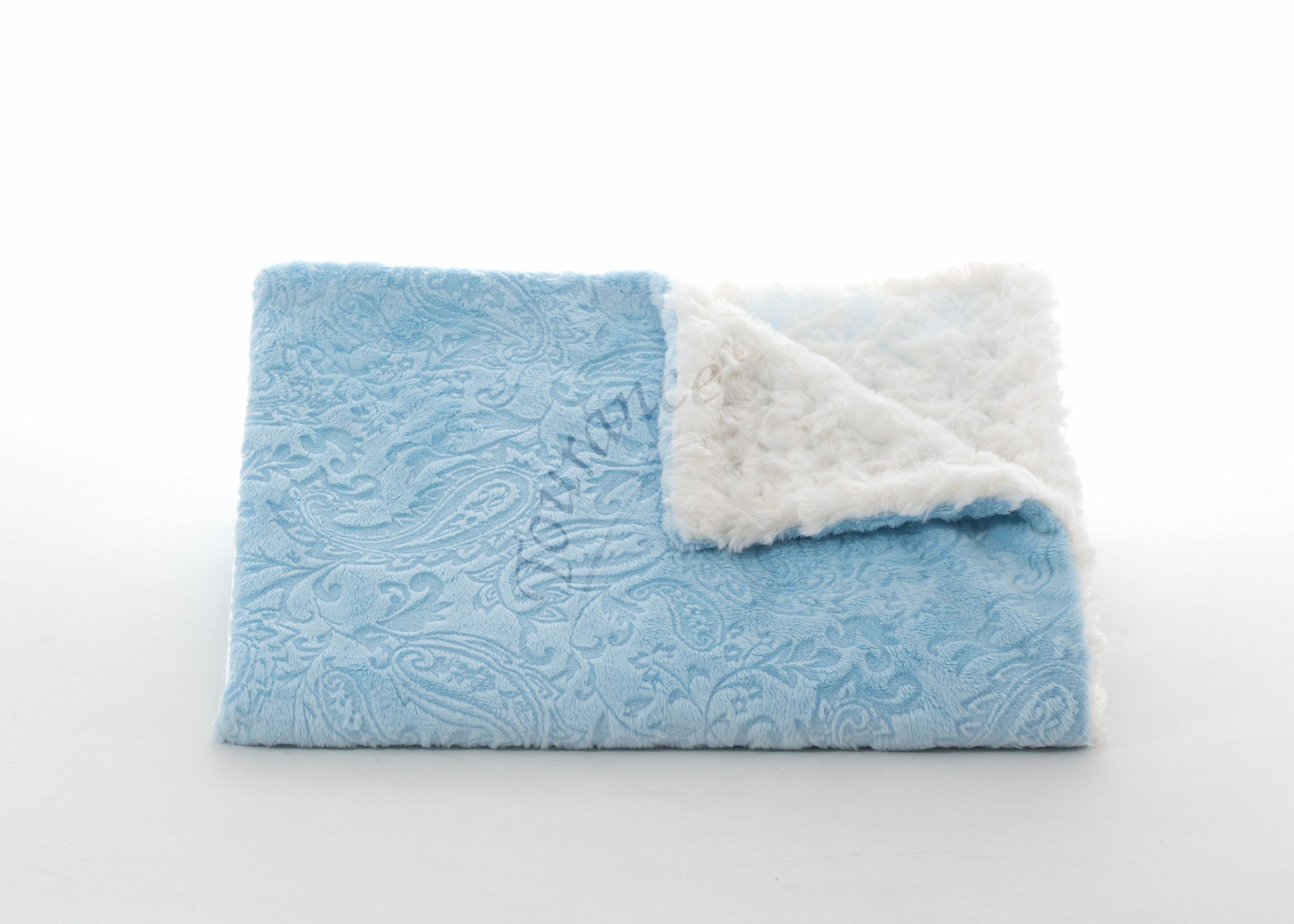 Paisley Baby Blanket in Embossed Blue with Ivory Rosebud with Tourance Watermark
