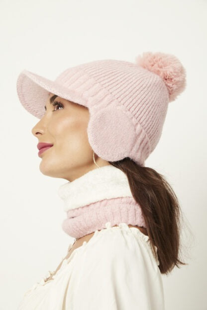 Side view of woman wearing Beanie and Neck Warmer – Soft Pink