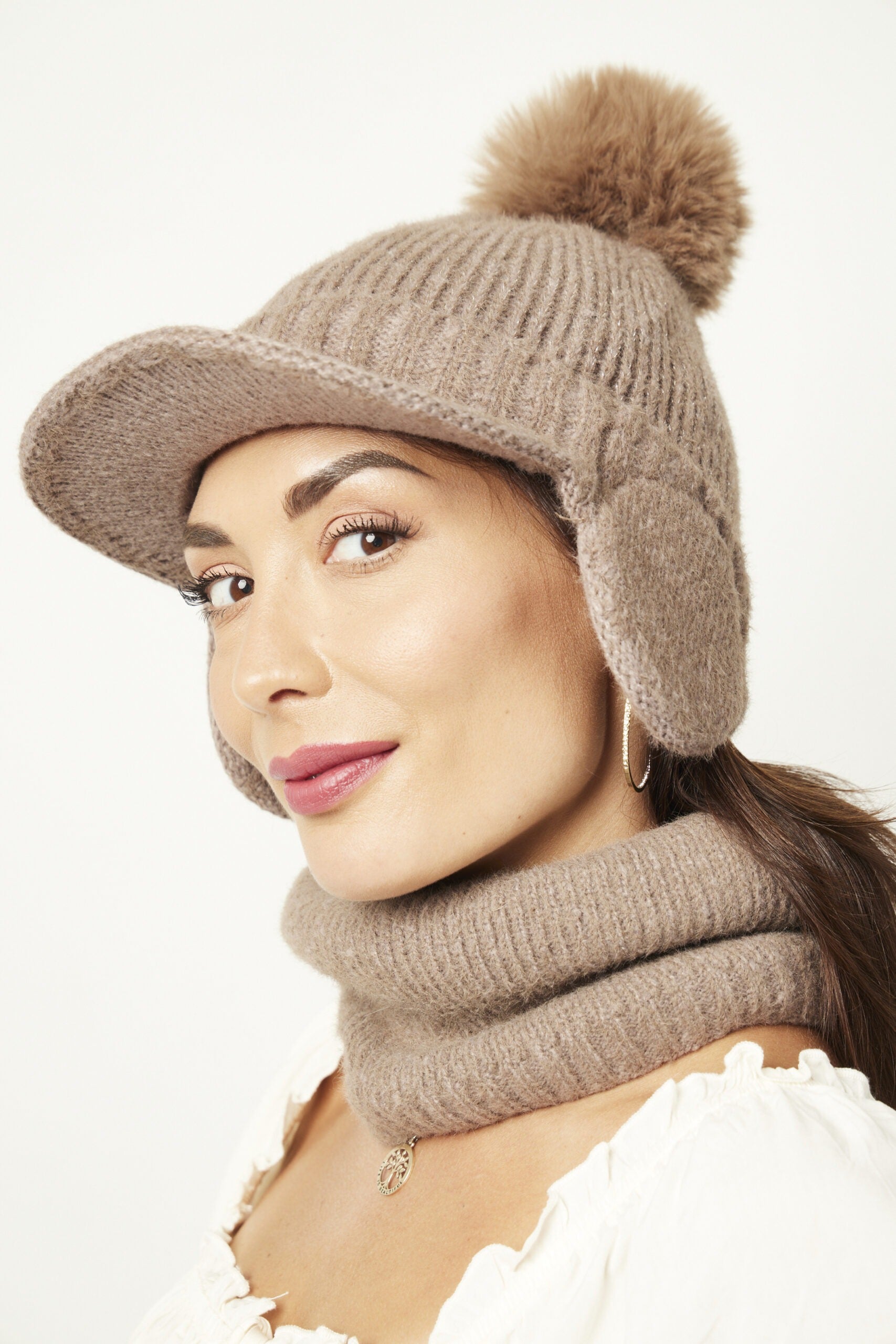 Woman wearing Chiara Hat and Neck Warmer – Taupe