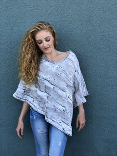 Woman poses wearing Poncho – Aspen Silver, view 3