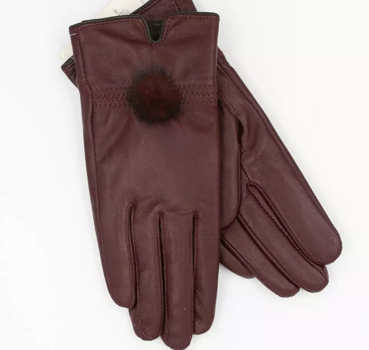 Tourance chocolate Leather Mink pompom glove
