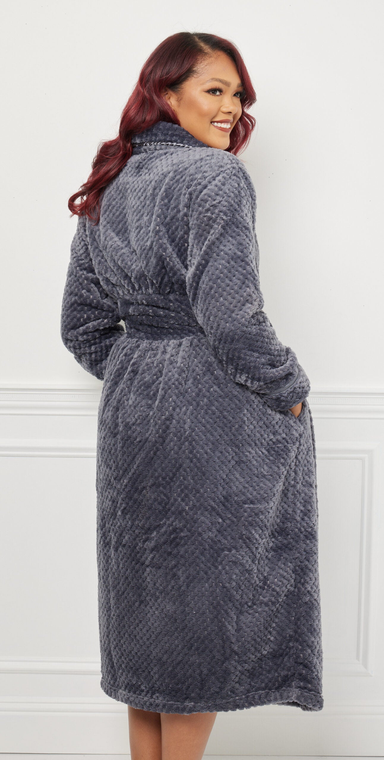Woman wearing Charcoal Kristine Robe Back Side