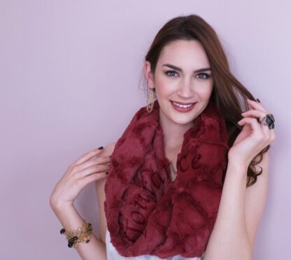 Woman wearing Moroccan Long Scarf in Garnet