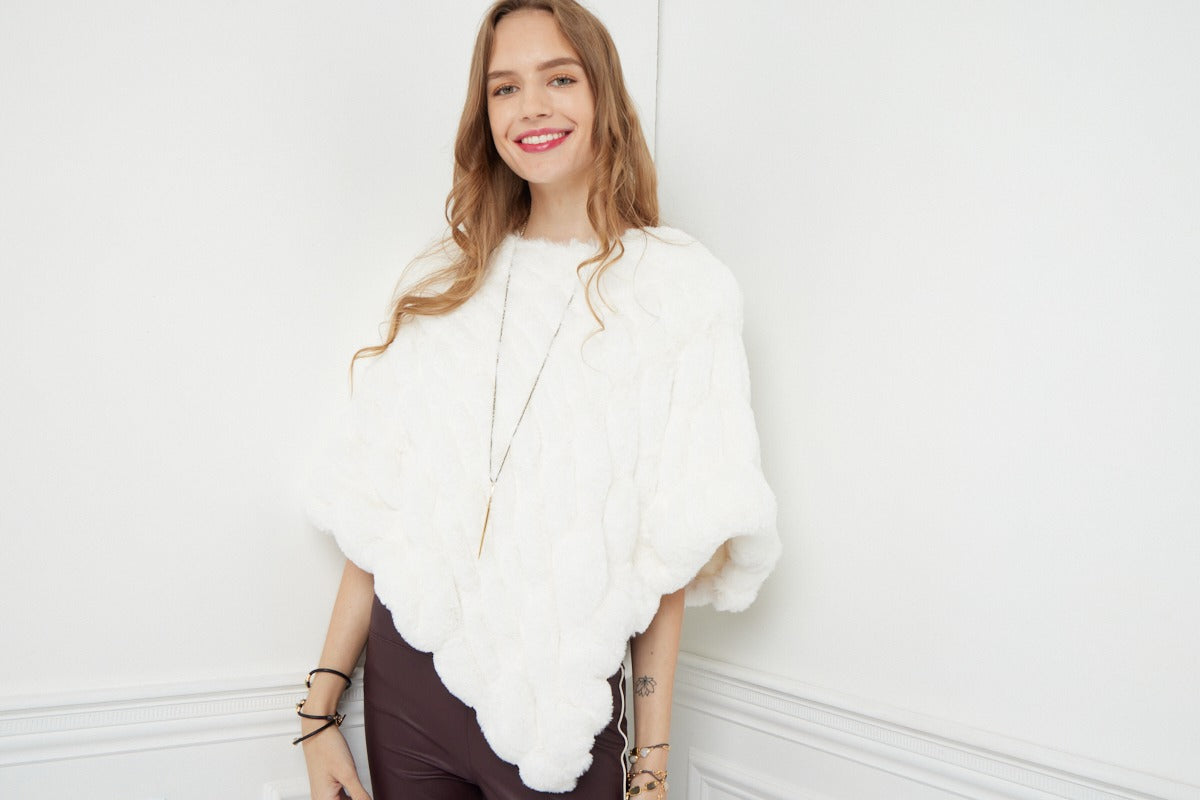 Woman standing white background wearing Poncho – Florence Ivory