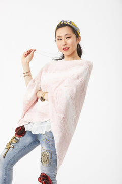 Woman posing wearing Blush and Cream Siberian Leopard Poncho, view 1