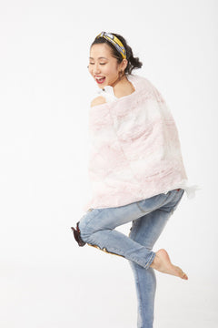 Alternative pose of woman wearing Blush and Cream Siberian Leopard Poncho, view 2