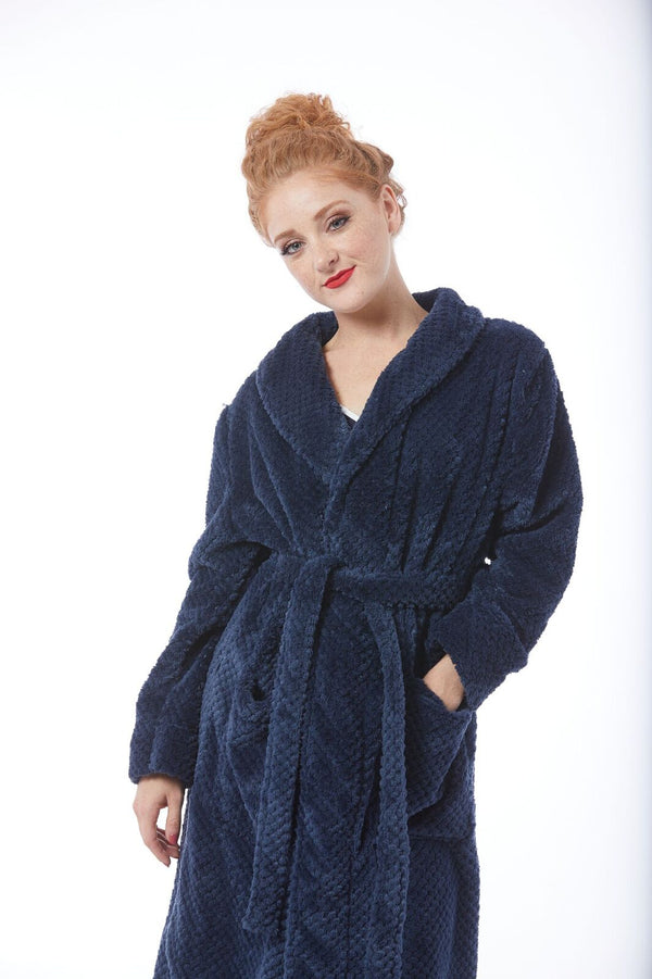 Woman wearing a Navy Kristine Robe