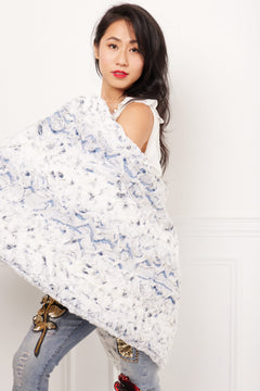 Woman posing wearing Throw – Rendevous Navy and Cream, view 2