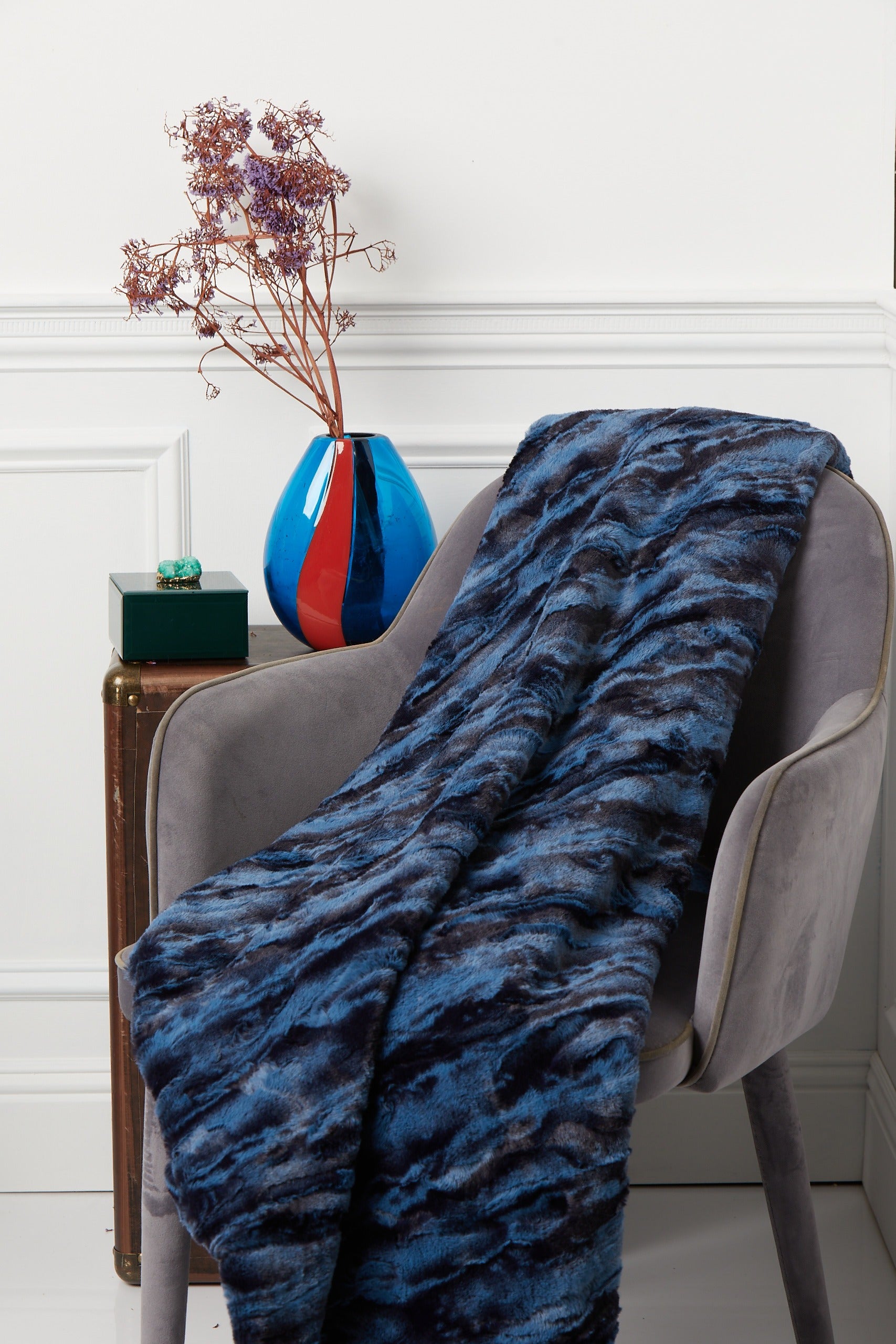 Throw – Sydney Royal Blue and Black full shot on chair